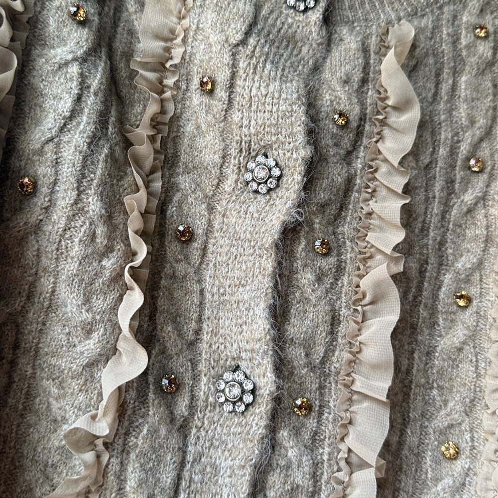 Maeve Ruffled Embellished Short Sleeve Cardigan Sweater Sparkle Anthropologie XL - Picture 7 of 16